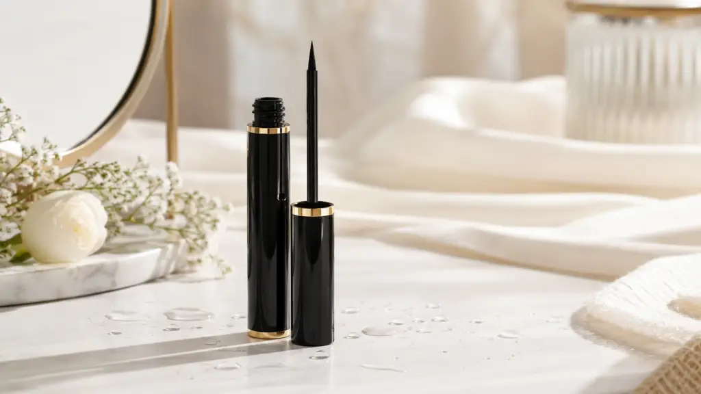 Waterproof eyeliner product on a clean vanity surface with subtle water droplets