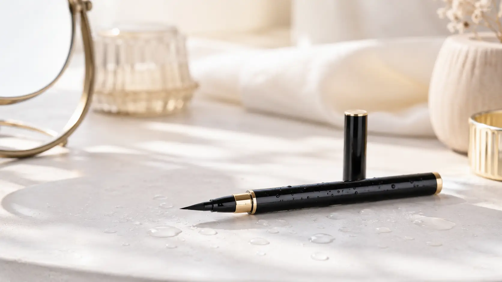 Waterproof eyeliner product on a clean vanity surface with water droplets