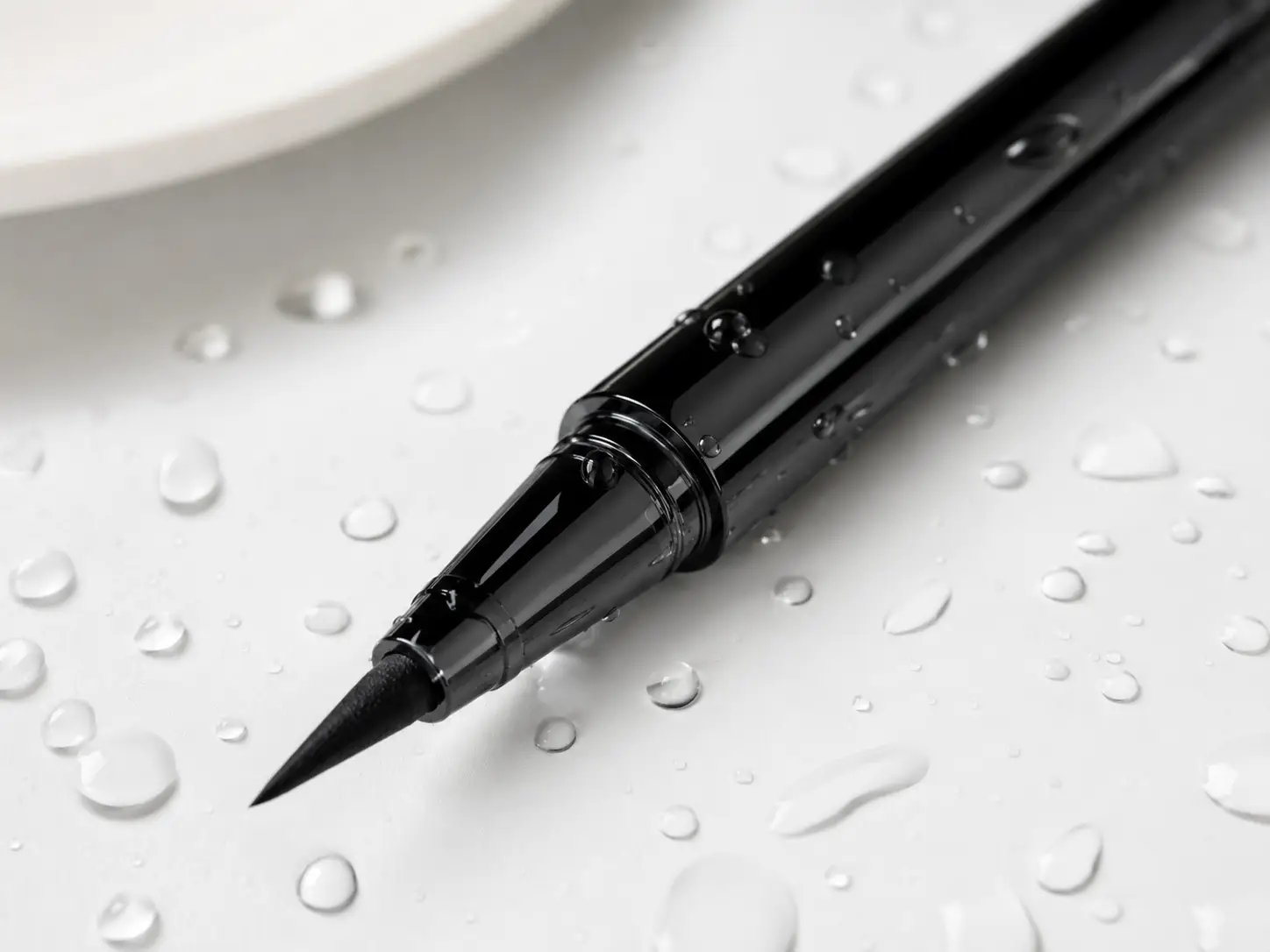 Waterproof eyeliner product on a clean vanity surface with water droplets